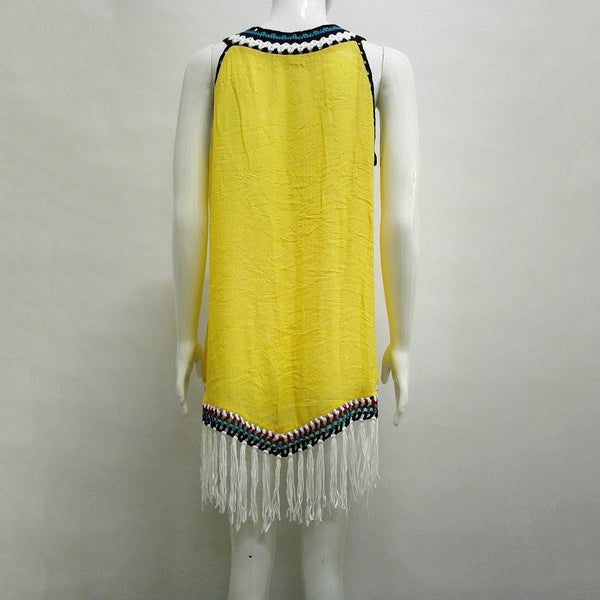 Ethnic crochet tassel large size slub cotton long coat dress skirt