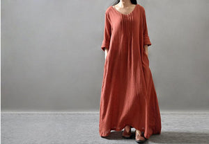 Vintage Linen Round Neck Long Sleeve Loose Casual Maxi Dress