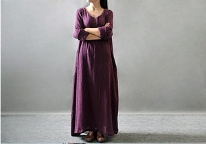 Vintage Linen Round Neck Long Sleeve Loose Casual Maxi Dress