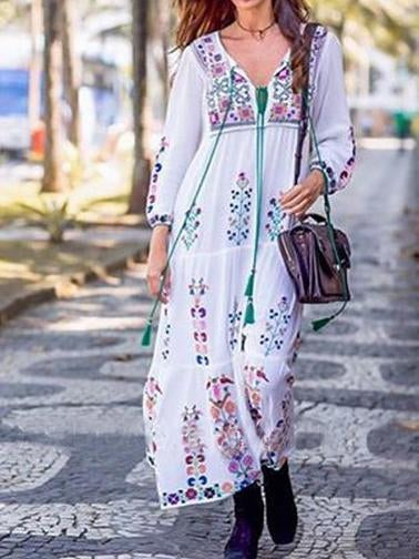 Print Long Sleeve Embroidered Bohemia Beach Maxi Dress