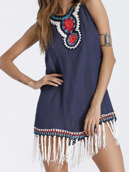 Ethnic crochet tassel large size slub cotton long coat dress skirt