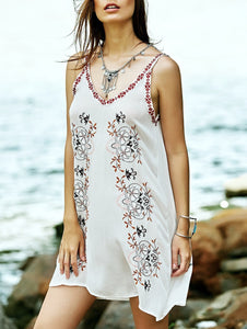 Bohemian STYLE flower color embroidery V neck retro wind dress