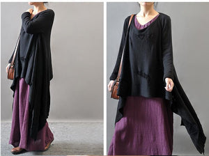 Vintage Linen Round Neck Long Sleeve Loose Casual Maxi Dress