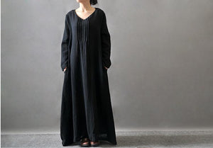 Vintage Linen Round Neck Long Sleeve Loose Casual Maxi Dress