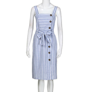 Stripe Button Backless Belted Dress