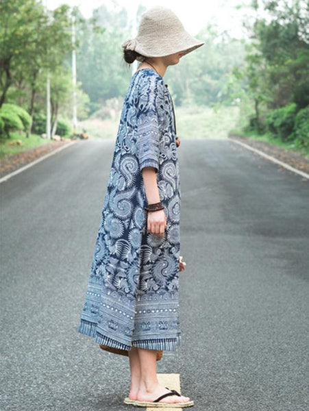 Print Linen Cotton Loose Maxi Dress