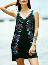 Load image into Gallery viewer, Bohemian STYLE flower color embroidery V neck retro wind dress