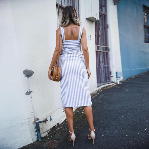 Stripe Button Backless Belted Dress