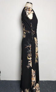 Print V Neck Short Sleeve Split Maxi Dress