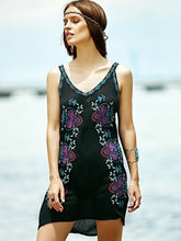 Load image into Gallery viewer, Bohemian STYLE flower color embroidery V neck retro wind dress