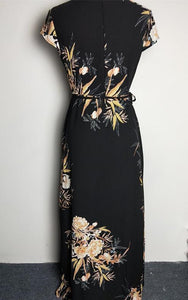 Print V Neck Short Sleeve Split Maxi Dress