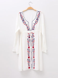 Embroidered V Neck Long Sleeve Beach Bikini Cover Up