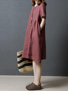 Linen Cotton Solid Color Short Sleeve Loose Dress
