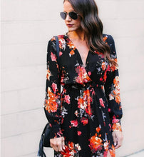 Load image into Gallery viewer, Floral Print Long Sleeve V Neck Split Maxi Dress
