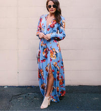 Load image into Gallery viewer, Floral Print Long Sleeve V Neck Split Maxi Dress