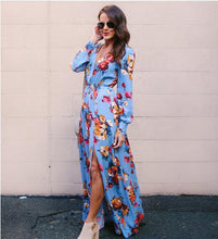 Load image into Gallery viewer, Floral Print Long Sleeve V Neck Split Maxi Dress
