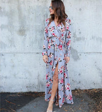 Load image into Gallery viewer, Floral Print Long Sleeve V Neck Split Maxi Dress