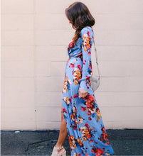 Load image into Gallery viewer, Floral Print Long Sleeve V Neck Split Maxi Dress