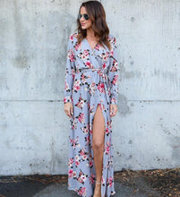 Load image into Gallery viewer, Floral Print Long Sleeve V Neck Split Maxi Dress