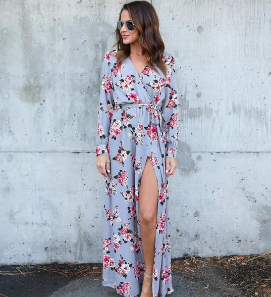Floral Print Long Sleeve V Neck Split Maxi Dress