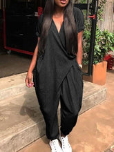 Load image into Gallery viewer, Short Sleeves V-neck Solid Color Floral Jumpsuits