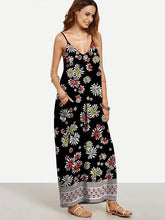 Load image into Gallery viewer, Pretty Black Floral Bohemia Spaghetti Straps V Neck Maxi Dress