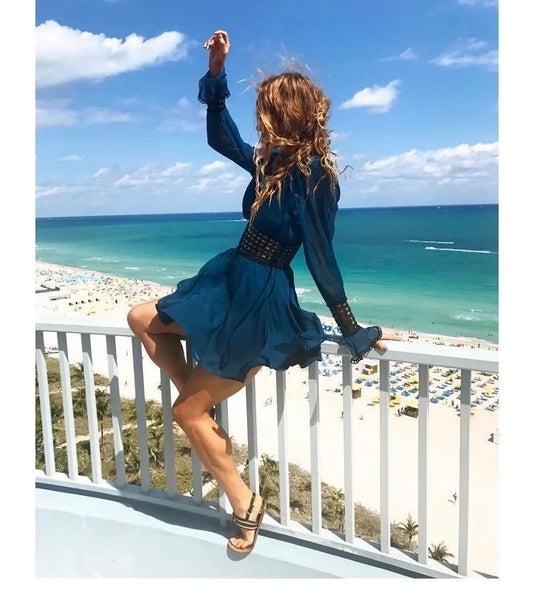 Autumn Long Sleeve Backless Beach Mini Dress