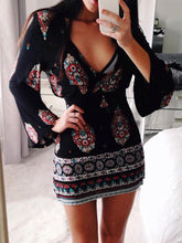 Load image into Gallery viewer, Spring Women&#39;s Fashion Printed V-neck Horn Long Sleeve Retro Style Party Sexy Dress