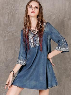 Vintage Embroidery Large Size Loose A-line Denim Dress