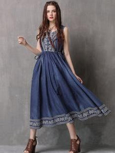 Ethnic Style Drawstring Embroidery Large Size Vest Denim Dress