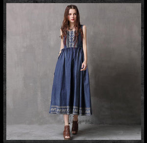 Ethnic Style Drawstring Embroidery Large Size Vest Denim Dress