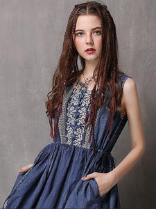 Ethnic Style Drawstring Embroidery Large Size Vest Denim Dress