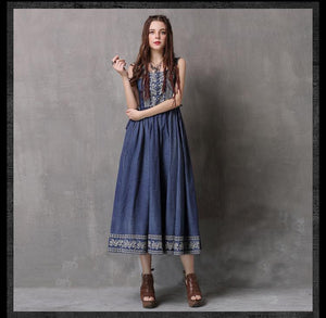 Ethnic Style Drawstring Embroidery Large Size Vest Denim Dress