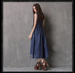 Ethnic Style Drawstring Embroidery Large Size Vest Denim Dress