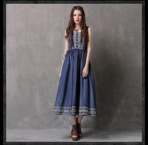 Ethnic Style Drawstring Embroidery Large Size Vest Denim Dress