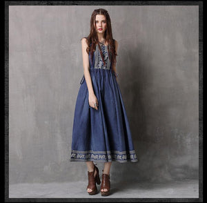 Ethnic Style Drawstring Embroidery Large Size Vest Denim Dress