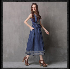 Ethnic Style Drawstring Embroidery Large Size Vest Denim Dress