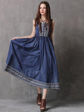 Load image into Gallery viewer, Ethnic Style Drawstring Embroidery Large Size Vest Denim Dress