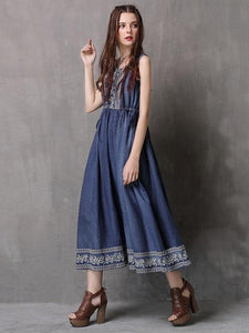 Ethnic Style Drawstring Embroidery Large Size Vest Denim Dress