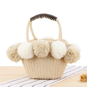 Casual Woven Big Wool Ball Beach Straw Handbag