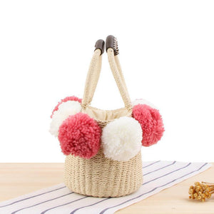 Casual Woven Big Wool Ball Beach Straw Handbag