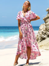 Load image into Gallery viewer, New Summer V-neck Ruffle Lace Up Bohemian Dress