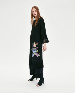 Round Neck Long Sleeve Tassel Flower Embroidered Casual Midi Dress