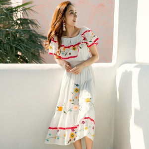 Casual Embroidery Off The Shoulder Ruffle Dress