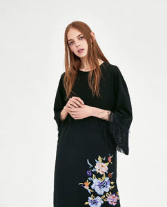 Round Neck Long Sleeve Tassel Flower Embroidered Casual Midi Dress