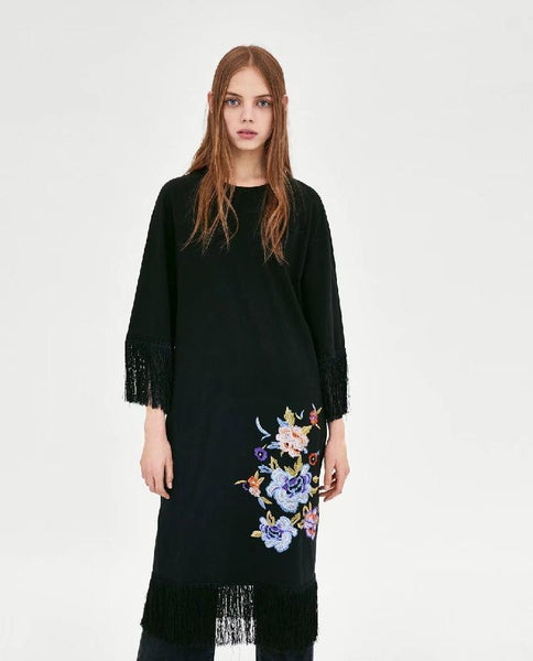 Round Neck Long Sleeve Tassel Flower Embroidered Casual Midi Dress