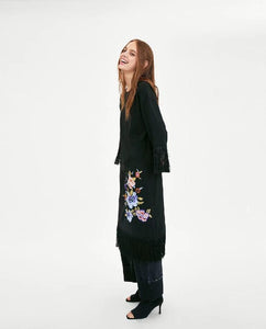 Round Neck Long Sleeve Tassel Flower Embroidered Casual Midi Dress