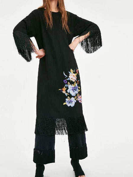 Round Neck Long Sleeve Tassel Flower Embroidered Casual Midi Dress