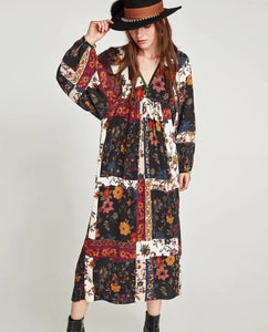 Spring And Summer Bohemian V-Neck Print Loose Long-Sleeved Dress