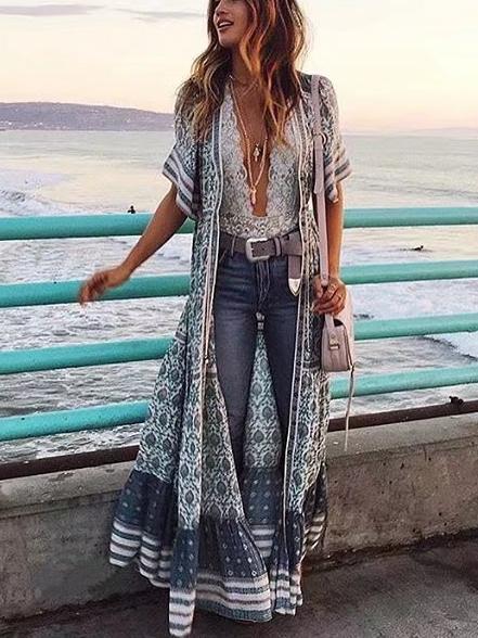 Vintage Bohemian Green Positioning Print Large Swing Dress